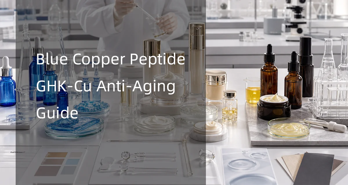 Laboratory setup featuring blue copper peptide GHK-Cu anti-aging skincare products, including creams, serums, and glass bottles.